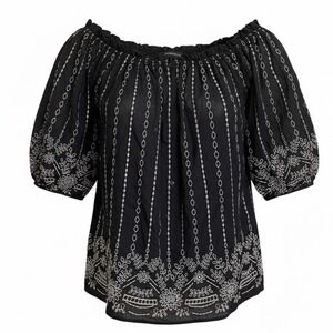 Boston Proper Black/ Gold Shimmer  Off Shoulder Eyelet Puff Slv Top  Small‎